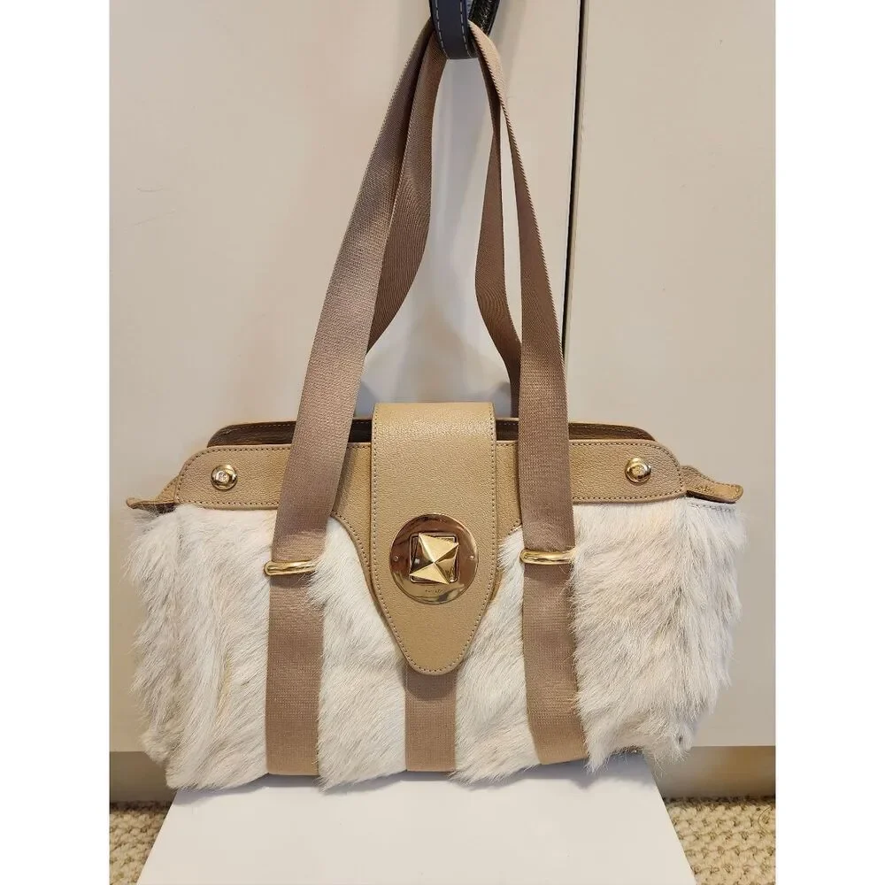 Kate Spade New York Faux Fur Shearling/Cream Leather Satchel Shoulder Bag $498